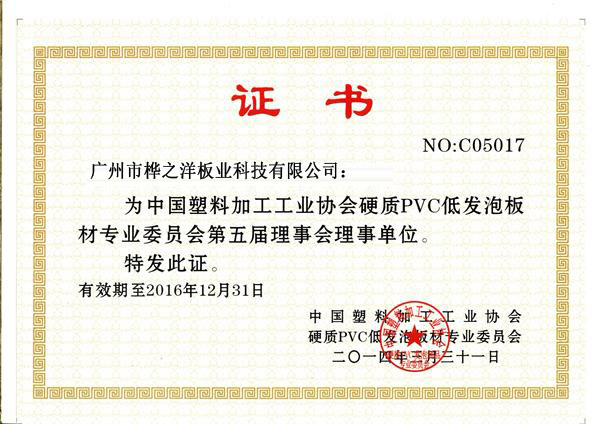 硬质PVC发泡板材荣誉证书